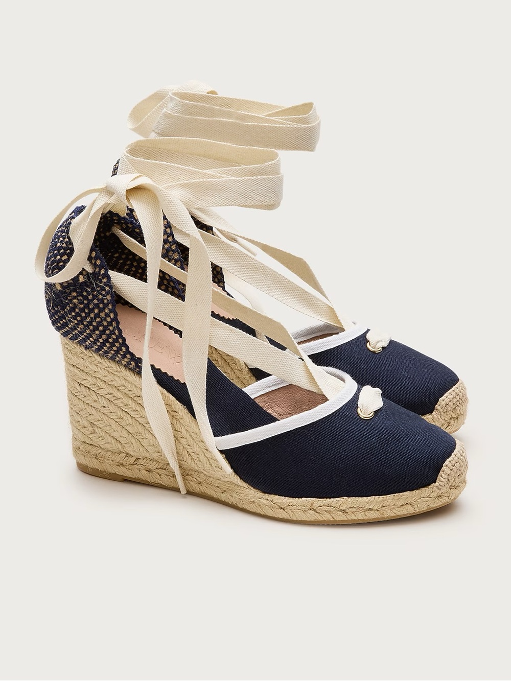 J. Crew Navy Canvas Wedge Espadrille with Cream Ankle Ties